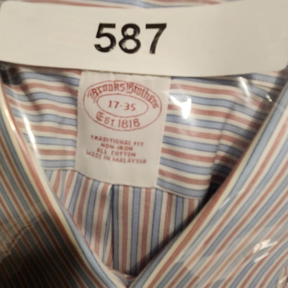 Brooks Brothers Dress Shirt Mens 17 35 Blue Orange Striped Non-Iron Cotton - Picture 7 of 7